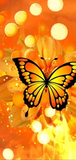 Orange butterfly with floral background on a mobile wallpaper.