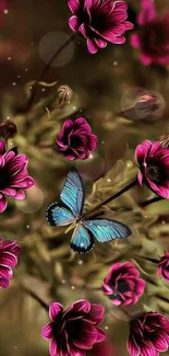 Blue butterfly on pink flowers, creating a striking mobile wallpaper.