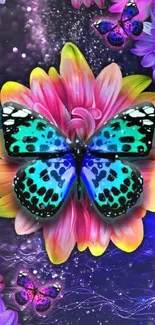 Vibrant butterfly on colorful flowers with neon accents.