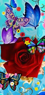 Vibrant wallpaper with butterflies and red rose.