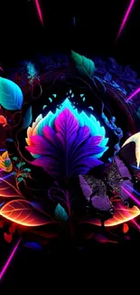 Vibrant butterfly and neon floral design on dark background.