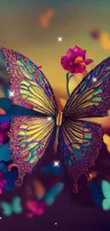 Vibrant butterfly and flowers on colorful mobile wallpaper.