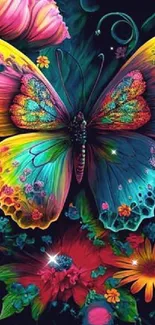 Vibrant butterfly and floral mobile wallpaper art.