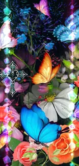 Vibrant butterfly and floral wallpaper with colorful, artistic design.