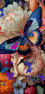 Vibrant butterfly on colorful floral background mobile wallpaper.