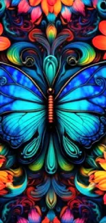 Vibrant blue butterfly with colorful flowers wallpaper.