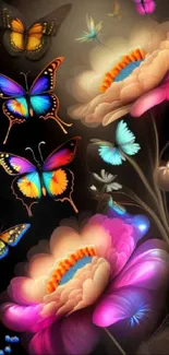 Vibrant wallpaper with butterflies and colorful flowers.