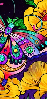 Colorful butterfly and flowers digital art wallpaper.