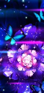 Blue flower with glowing butterflies and lights.