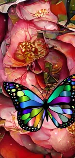 Vibrant butterfly on red floral backdrop wallpaper.