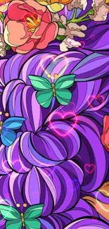 Whimsical purple wallpaper with butterflies and flowers.