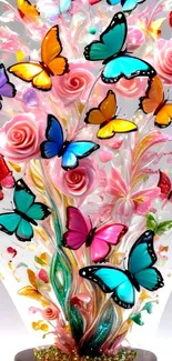 Colorful butterflies and flowers on vibrant wallpaper.