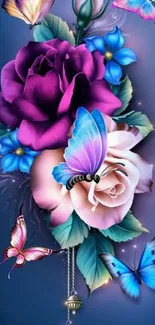 Butterfly and floral art with purple and blue hues.