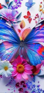 Vibrant butterfly with colorful flowers wallpaper.