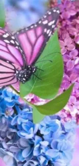 Pink butterfly on vibrant purple and blue flowers.