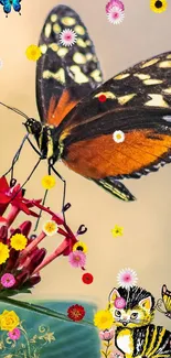 Illustrated butterfly on bright flower with colorful details.