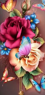 Vibrant butterfly and floral mobile wallpaper with pink roses.