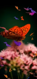 Vibrant butterfly on pink flowers with a green background.