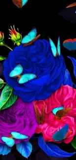 Vibrant blue roses with butterflies on a dark background wallpaper.