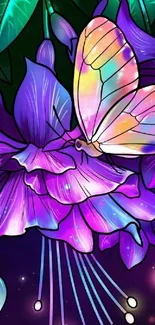 Colorful butterfly on vibrant purple flowers in artistic mobile wallpaper.