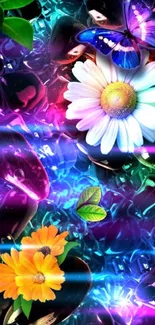 Vibrant butterfly and flowers on gemstone background.