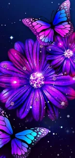 Vibrant purple flowers and colorful butterflies on a deep blue background wallpaper.