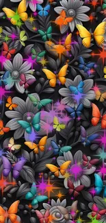 Vibrant wallpaper with colorful butterflies and flowers on a black background.