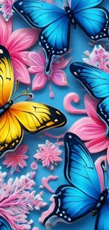 Vibrant blue and yellow butterflies on colorful floral background.
