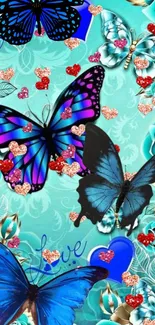 Vibrant wallpaper with blue butterflies, floral design, and colorful hearts.