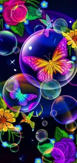 Vibrant neon butterfly and floral wallpaper with dark background.