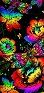 Colorful butterflies and flowers on black wallpaper.