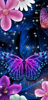 Vibrant pink butterfly with colorful flowers on a dark blue leafy background.