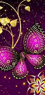 Purple butterfly and floral wallpaper with gold accents.