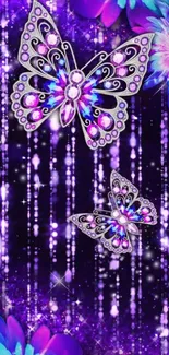 Purple floral wallpaper with butterflies and glitter effects.