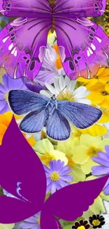 Vibrant purple butterflies with floral background.