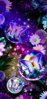 Vibrant wallpaper with butterflies and colorful flowers.