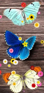 Colorful butterflies and flowers on wooden background wallpaper.