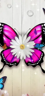 Vibrant butterfly with daisy floral design on wood background.