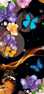 Vibrant butterfly and floral wallpaper with a dark background.