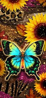 Vibrant butterfly amidst sunflowers and glitter on a mobile wallpaper.