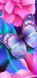 Purple butterfly on pink flowers mobile wallpaper.