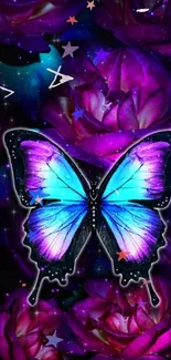 Blue and purple butterfly amidst glowing roses on a dark background.