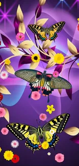 Vibrant purple wallpaper with butterflies and flowers.