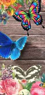 Vibrant butterfly and floral wallpaper with wood texture.