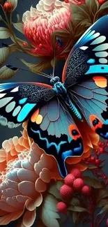 Colorful butterfly on floral background wallpaper.