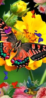 Vibrant wallpaper with butterfly on yellow and pink flowers.