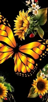 Vibrant butterfly with sunflowers and floral accents on black background.