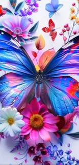 Vibrant blue butterfly with colorful floral accents wallpaper.