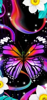 Vibrant butterfly with flowers wallpaper.