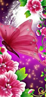 Colorful wallpaper with pink butterfly and floral patterns on purple background.